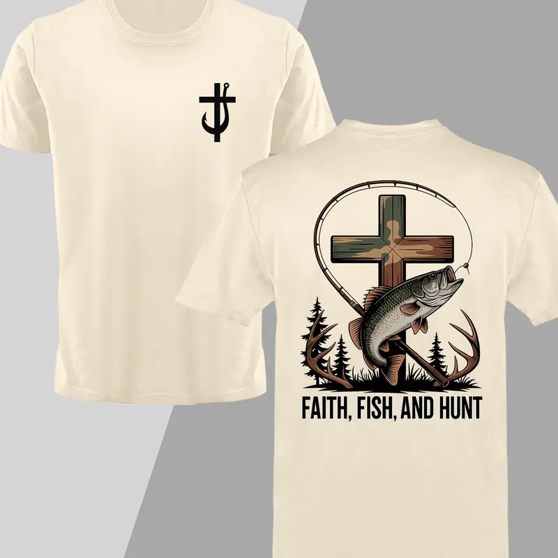 Southern Charm Outdoor Fishing Shirt, Camouflage, Camo Cross Deer Antlers & Bass Print, Casual Round Neck Unisex Summer Top, Comfortable Fitted Design, Knit, Casual Summer Tops, Menswear