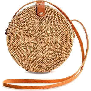 Handwoven Round Rattan Purse Crossbody - Straw Basket Wicker Bag for Women - Circle Summer Handbag