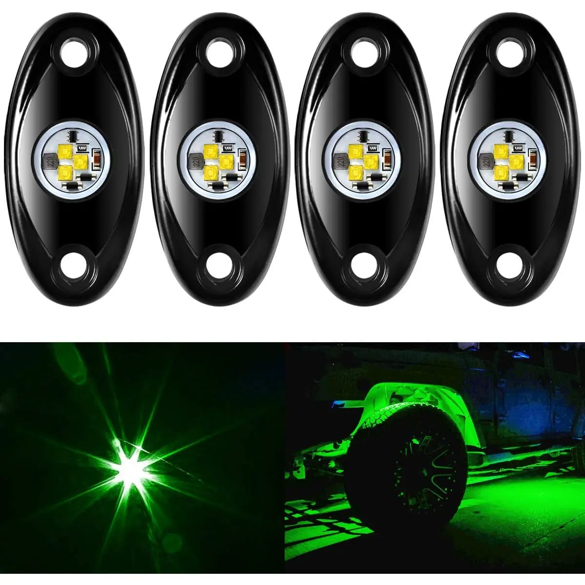 4 Pods LED Rock Light Kit for ATV SUV Offroad Car Truck Boat Underbody Glow Trail Rig Lamp Underglow LED Neon Lights Waterproof - Green Amak
