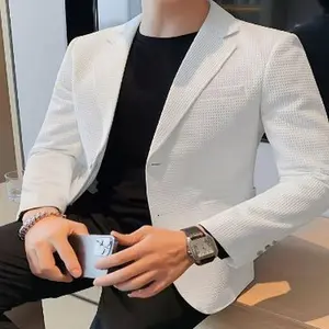 Men's Waffle-Knit Long-Sleeve Blazer -  Textured Business Casual Coat with Button Closure, Notch Lapel & Pockets, Regular Fit for Spring/Fall Office or Casual Outings, Fall Wardrobe, Waffle Knit Texture, Polished Finish, S