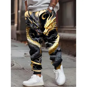 Men’s 3D Dragon Print Joggers with Drawstring & Pockets – Casual Stretch Polyester Sweatpants, Chinese Dragon Print, Fashion Design