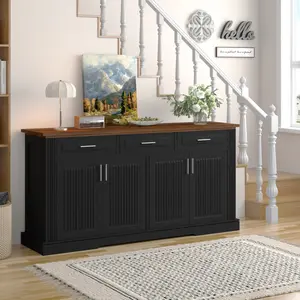 63" Sideboard Cabinet with Storage, Farmhouse Kitchen Buffet Cabinet with Adjustable Shelves and 6 Barn Doors, Wood Coffee Wine Bar Console Table for Kitchen, Dining Room, Black