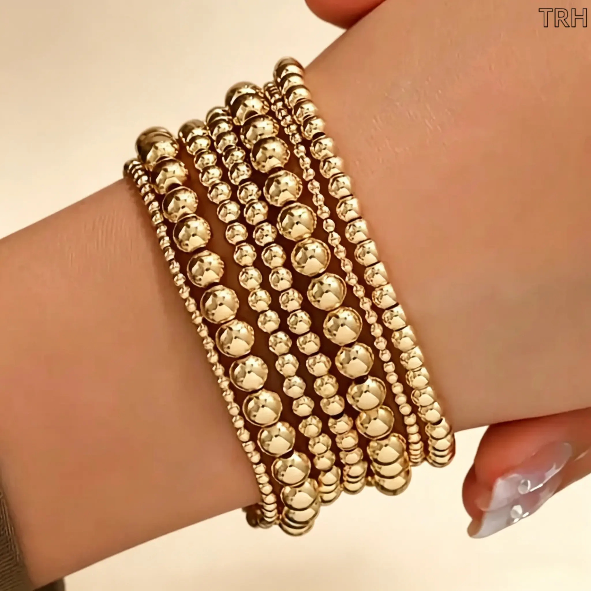 14Pcs Gold Beaded Stretch Bracelet Set, Dainty Stackable Ball Bead Bracelets, Minimalist Elastic Layering Jewelry for Women, Boho Everyday Wrist Accessories