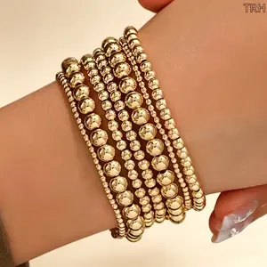 14Pcs Gold Beaded Stretch Bracelet Set, Dainty Stackable Ball Bead Bracelets, Minimalist Elastic Layering Jewelry for Women, Boho Everyday Wrist Accessories