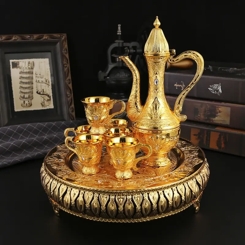 Elegant Peacock Pattern High-End Wine Set, Includes 1 Pot, 1 Tray, 6 Cups, Hand-Carved Design, Feet, Perfect for Weddings & Hotels