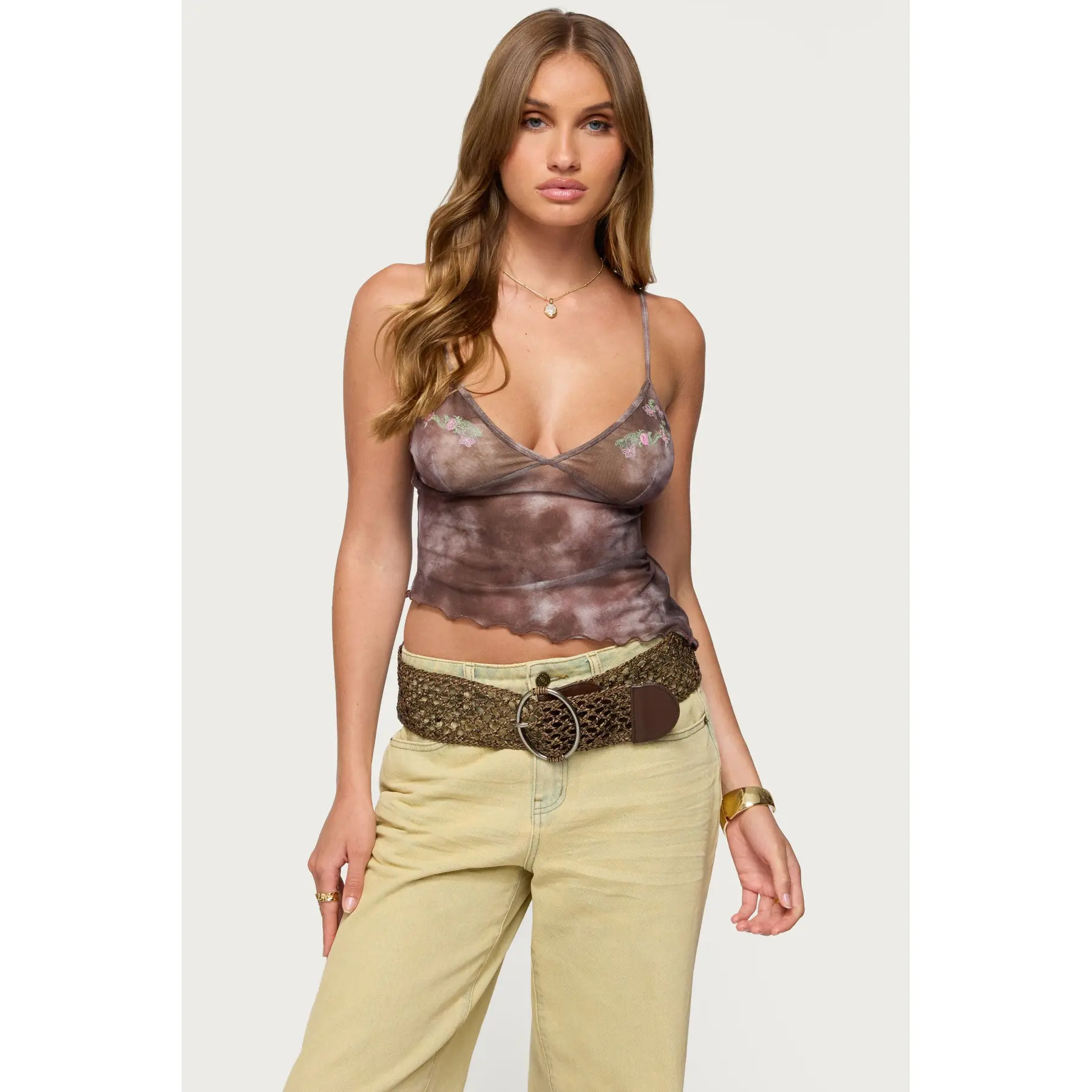 Embroidered Asymmetric Printed Mesh Top