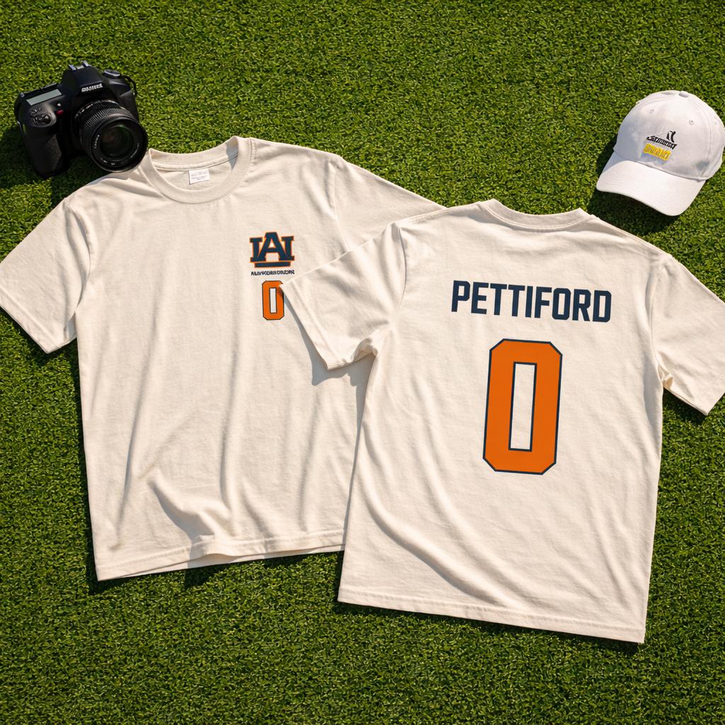 Auburn Tigers Pettiford 0 Jersey Style T-Shirt Unisex Sports Graphic Tee White Cotton Shirt College Football Fan Apparel Custom Name Number Back Print Casual Streetwear Gift