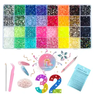 Gem DIY Kit -32Colors Color Jelly Rhinestone Bedazzling Kit 36000+ Shiny Resin Rhinestones with Tweezers & Pick Up Pen | Free 50 Half Round Pearls, 5 Blue Rhombus Rhinestones, Star Nail Stickers, Nail Wraps & Nail File