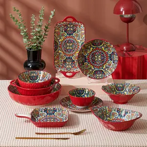 Bohemian Ceramic Dinnerware Set, Vintage Hand-Painted Plates, High Heat Resistant, Christmas Decorations, Home Tableware, Party & New Year Gift, Porcelain Dinnerware Sets