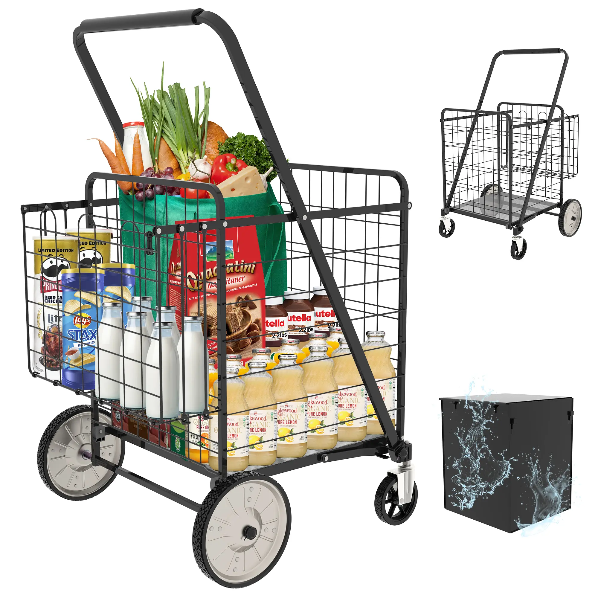 Super Jumbo Steel Collapsible Foldable Wagon - Compact Double-Basket Mobile Trolley with 360° Swivel Wheels, 170kg Large Capacity for Groceries, Laundromat (Home Supplies Organizer Storage Rack)
