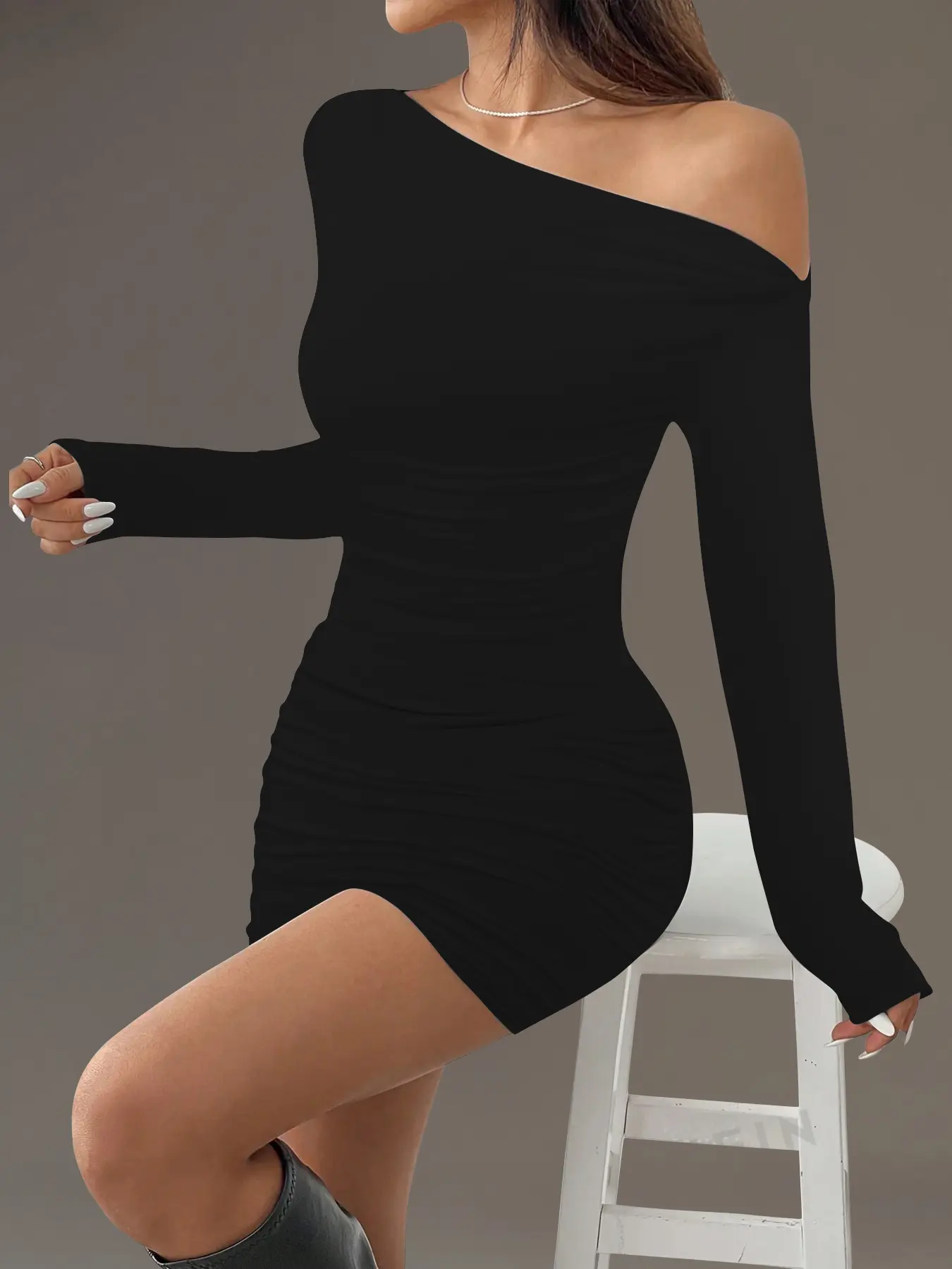 Double Layer Long Sleeve Sexy Asymmetrical Shoulder Ruched Bodycon Sports Dress, Workout Exercise Dress, Women's Fashionable Workout, Sporty Chic Dress, Active Dress, Activewear Dress, Gym Dress, Athletic Dress, Workout Athletic Dresses