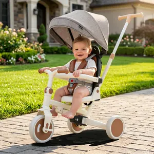7-in-1 Foldable Baby Tricycle with Adjustable Parent Handle - Multifunctional Toddler Stroller & Push Bike with Removable Canopy, Safety Guardrail, for Kids 12-72 Months