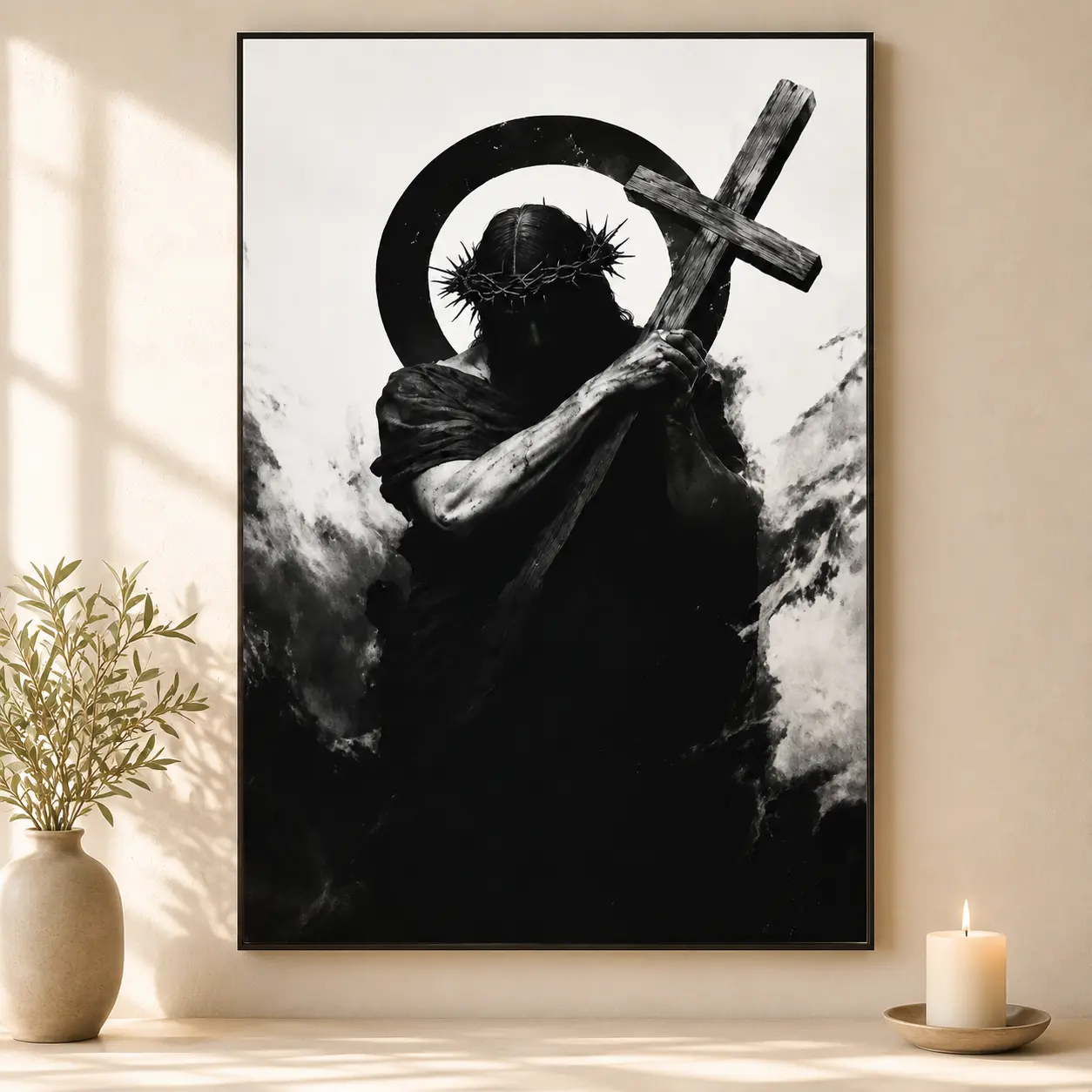 Divine Son Jesus Cross Holy Light Frameless Wall Art Print, Christian Scripture Bible Verse Decor, Faith-Inspirational Home Decor for Living Room, Bedroom, Modern Spiritual Gift Poster