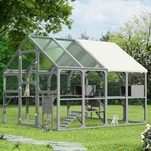 ARCH Large Catio Outdoor Cat Enclosure for Multiple Kittens, Wooden Cat House with 7 Platforms, 2 Resting Boxes, 1 Bridge and 1 Ramp, Walk in Kitty Cage Kennel with Sunshine Board Roof, Gray