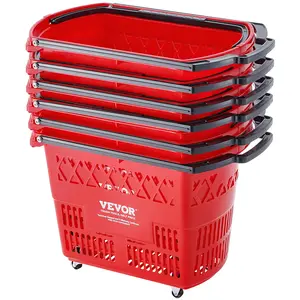 VEVOR Shopping Baskets,  6PCS, 39L Shopping Carts with Handles, Plastic Rolling Shopping Basket with Wheels, Large Portable Shopping Basket Set for Supermarkets, Retail Stores, Grocery Shopping, Red Organiser Household