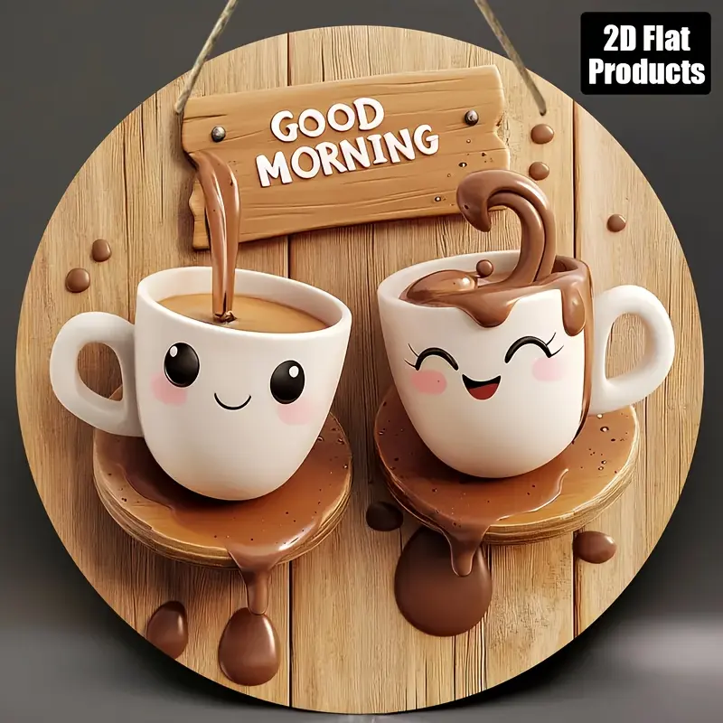 1PC 2D Flat, Vintage Tea Theme Wooden Wall Hanging, 8x 8inch - Fantasy Cup and Plate Design, with "Good Morning" Message, Perfect for Kitchen, Coffee Shop, Home, Living Room, and Office Decoration