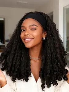 22-Inch Afro Curly Glueless Headband Wig for Black Women, Synthetic Texture with Bouncy Curls at the Ends, Dark Brown Soft Curly Headband Wig, Black Woman Wigs