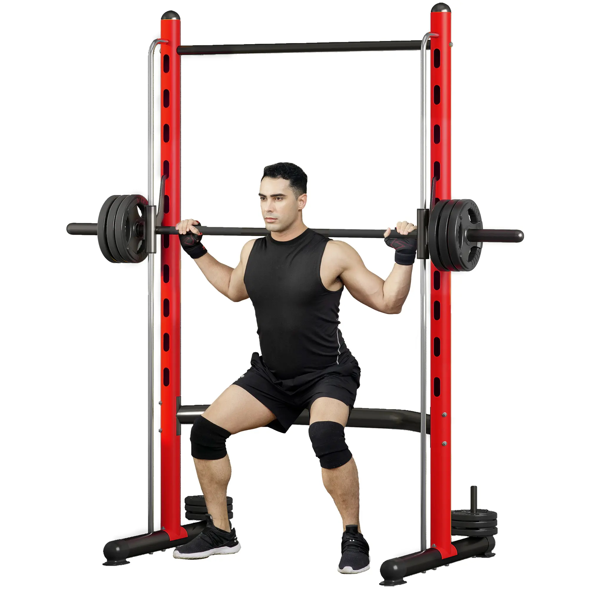 Soozier Squat Rack with Pull-Up Bar, Adjustable Power Rack with Barbell Bar, Multi-Functional Bench Press Rack for Home Gym Strength Training, Red