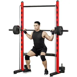 Soozier Squat Rack with Pull-Up Bar, Adjustable Power Rack with Barbell Bar, Multi-Functional Bench Press Rack for Home Gym Strength Training, Red