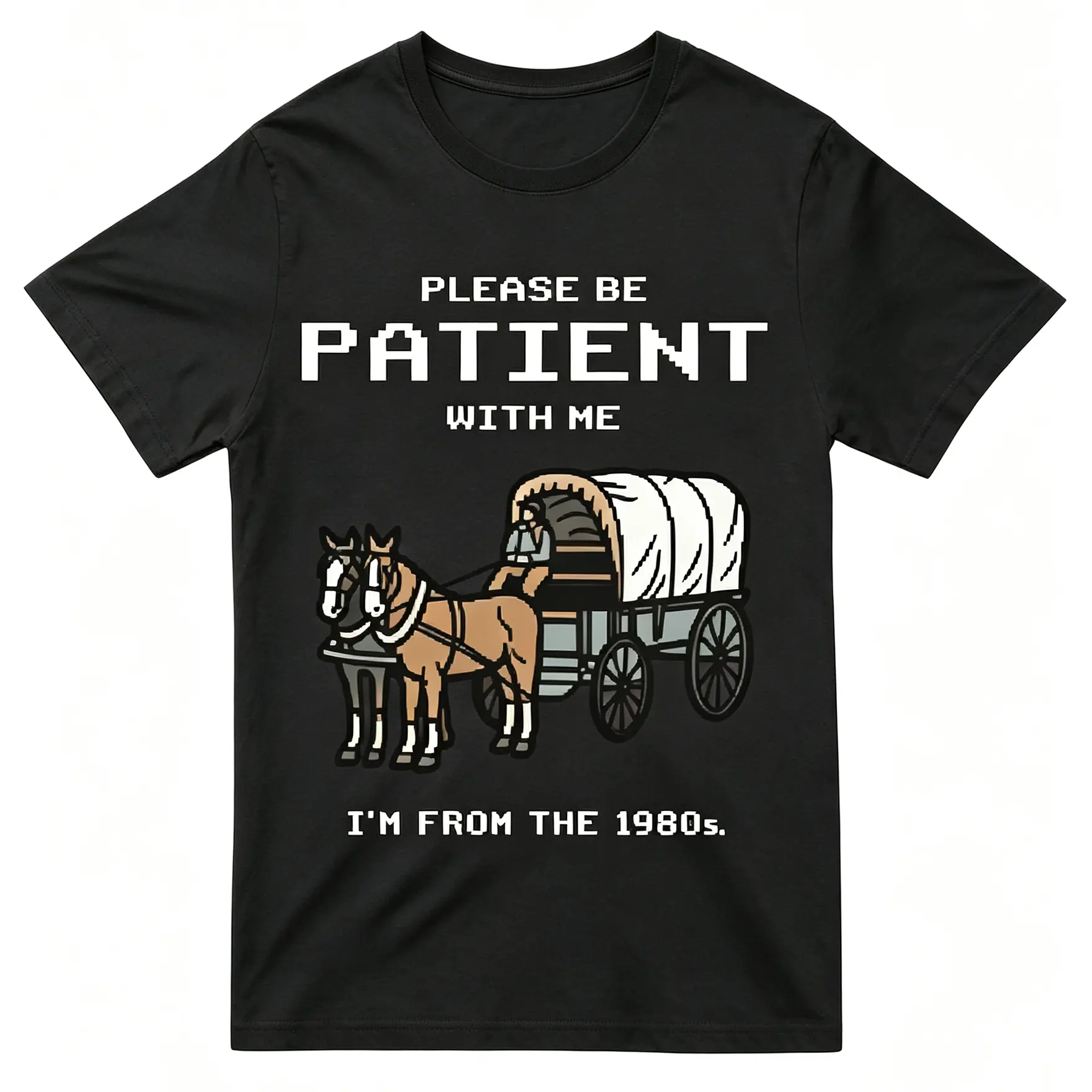 80s Retro Pixel Horse Wagon Nostalgic Throwback Graphic T-Shirt, Unisex Vintage Funny Casual Daily Tee, 100% Cotton Printed Craft SummerVibes Top, Relaxed Soft Breathable unisex summer clothing