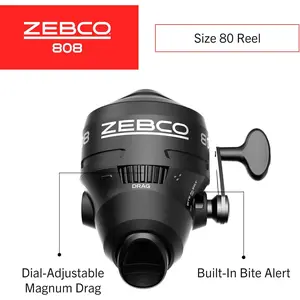 808 spincast fishing reel, powerful all-metal gears, quickset anti-reverse and bite alert, pre-spooled with 20-pound fishing line, black