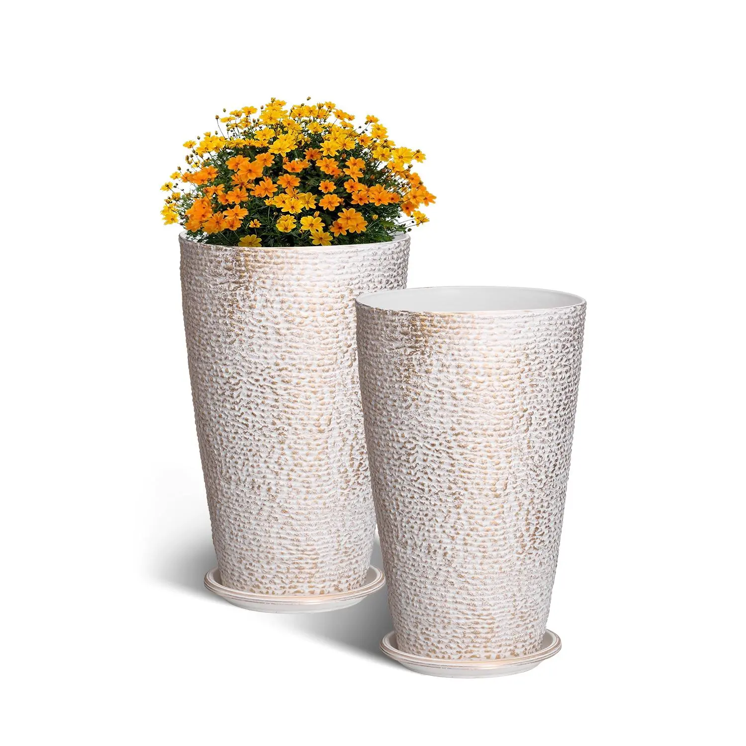 VEVOR 2-Piece 21"H Tall Round Planter Boxes, Large Stone Finish Striped Beige Decorative Flower Pots with Smart Drainage, Portable for Front Porch, Patio [Father's Day Gift]