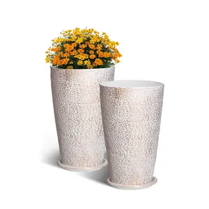 VEVOR 2-Piece Tall Outdoor Planters (21"H) - Round Large Stone Finish Flower Tree Pots, Portable Garden Planters for Front Porch and Patio