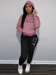 Women's Heart Print Hoodie & Drawstring Waist Pants Two-piece Set, Fashion Casual Pocket Hooded Sweatshirt & Trousers for Daily Outdoor Wear, Women's Clothing for Fall & Winter