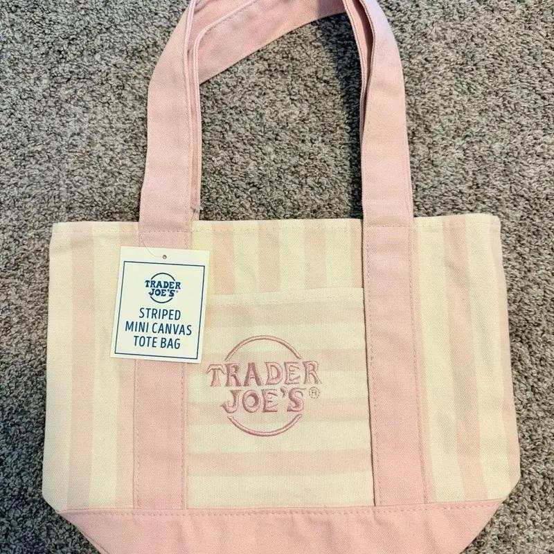 Trader Joe’s Striped Canvas Tote Bag - Cute Versatile Reusable Handbag, Lightweight Portable Daily Shopping Accessory, 4 Pastel Color Options (Trader Joes Bag)