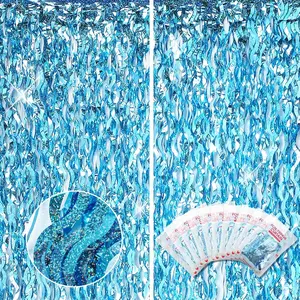 10 count 3.3 x 6.6 Ft Foil Fringe Backdrop Party Wavy Tinsel Fringe Curtain Streamer for Happy  Year Carnival Party Favor 80s 90s Disco  Sea  Birthday Wedding(Blue)