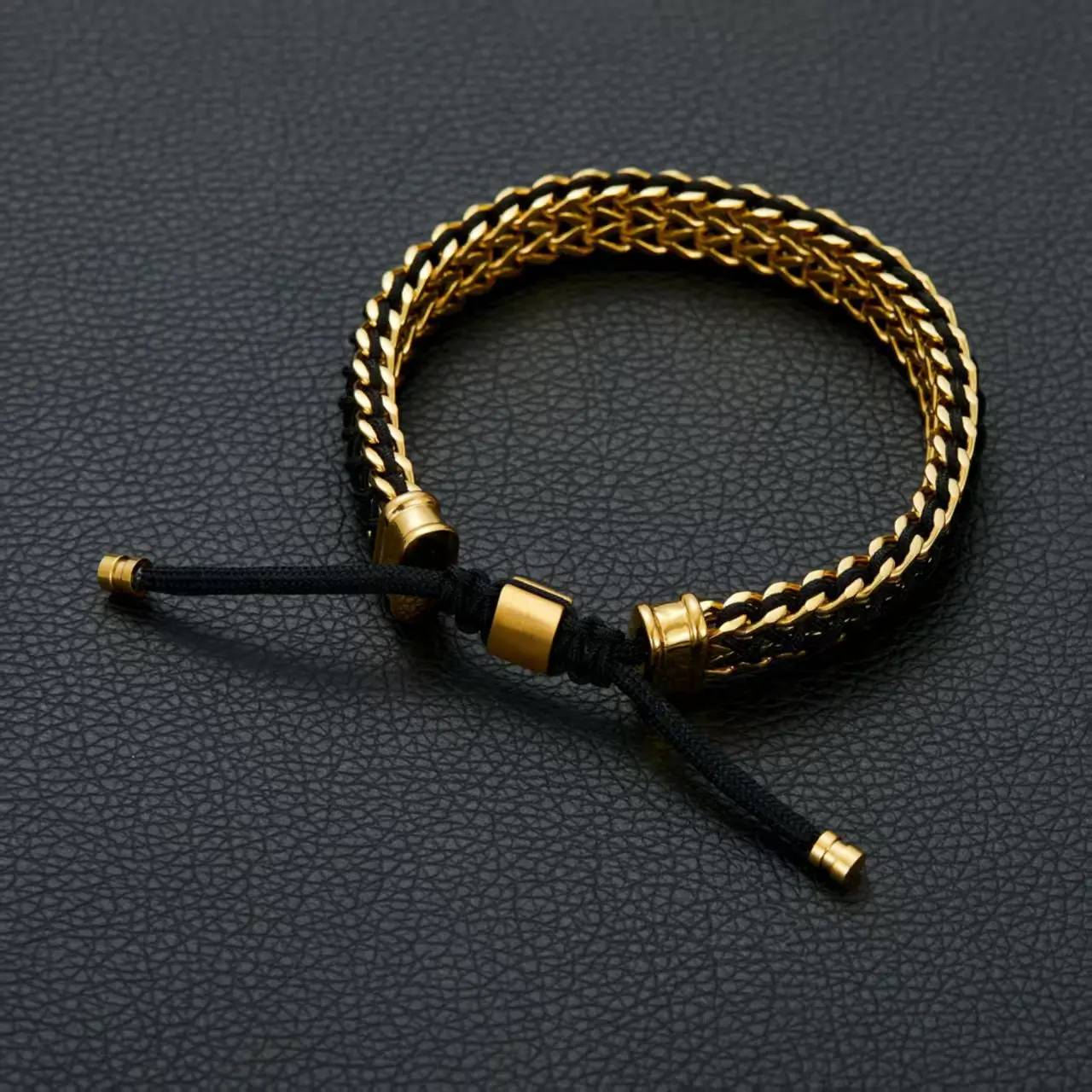 Premium Braided Cord Wristband, Adjustable Pull-On Sliding Knot, 2-Tone Gold-Black & Silver-Black, Unisex All-Seasons Fashion Bracelet, 8.5 In, Two-Tone