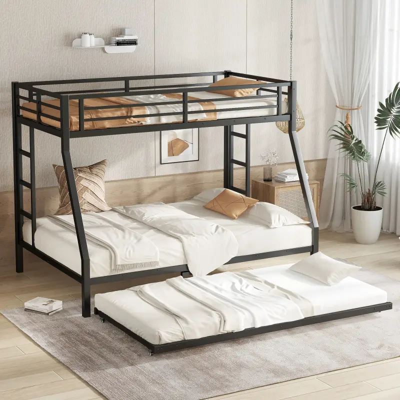 Modern Black Heavy-Duty Metal Twin-over-Full Bunk Bed Frame with Twin Trundle, Ladder, Safety Guardrails, Silent Design, 77.6"l x 56.7"w x 64.6"h, Space Saver for Small Spaces, No Box Spring Needed, Easy Assembly, Bedroom Indoor Furniture