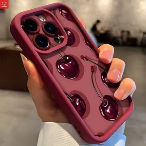 Cherry Blossom Pattern Tpu Wine Protective Phone Case Casing for iPhone 11-16 Pro Max, Anti-Drop Shockproof Full Coverage Fashionable Design, Cellphone Protection