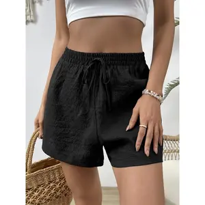 [Elastic Waist Shorts] Women's Elastic Waist Casual Shorts - Summer Lightweight Breathable Fabric with Faux Drawstring Detail, Solid Color, Machine Washable for Lounge, Outdoor & Casual Attire, Lounge Clothing, Relaxed Fit, Soft Material, Home Comfort