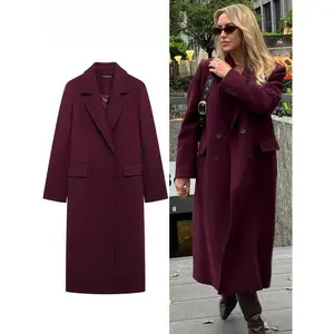 Women’s Burgundy Wool Blended Double-Breasted Lapel Coat/Jacket, Long Sleeve, High Street Style Outerwear for Autumn/Winter