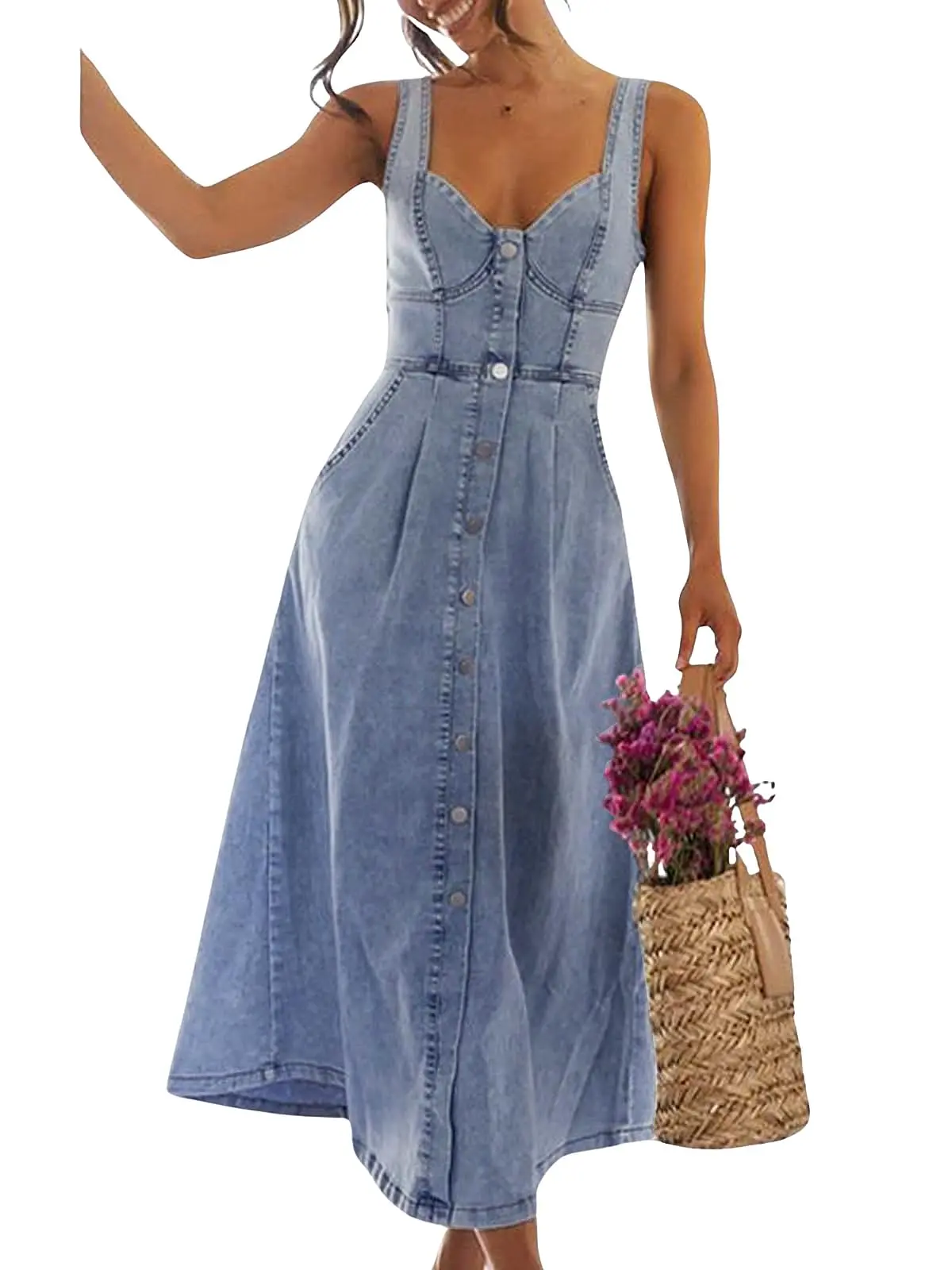 utcoco Women's Sleeveless Slim-Fit Button-Down Denim Midi Dress - Minimalist Comfortable Casual Lady Clothes for Women with Stylish Design Style Womenswear