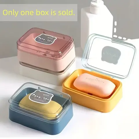 Transparent Plastic Bathroom Soap Holder with Drain System and Lid, Non-Slip Base, Durable Container for Home, Dorm, Travel, Soap Dish with Drainage