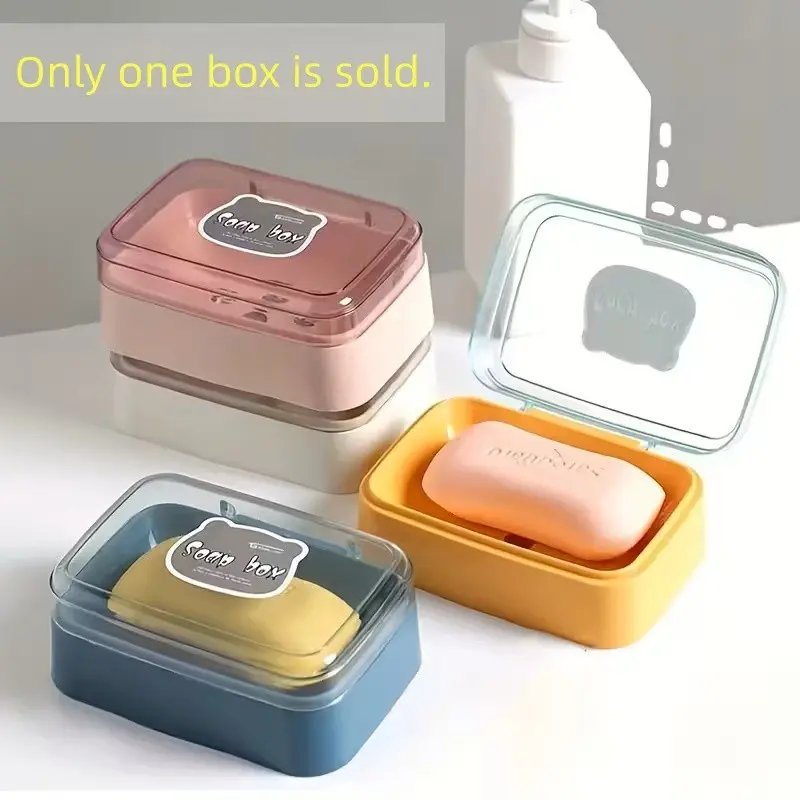 Transparent Plastic Bathroom Soap Holder with Drain System and Lid, Non-Slip Base, Durable Container for Home, Dorm, Travel, Soap Dish with Drainage
