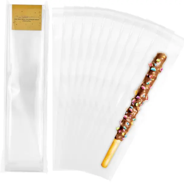 200Pcs 2x10 Inches Self Sealing Cellophane Bags Clear Pretzel Rod Bags for Treat, Candy Melts, Cookie, Popsicle, Ice Pop