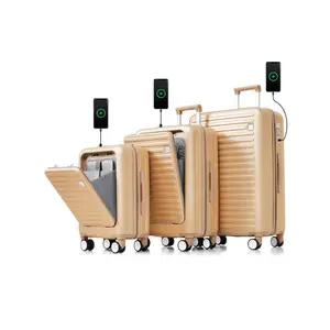 New store discount  Front Opening 20 Inch Carry On Lage Expandable Travel Bag ABS Hard Shell Two Piece Suitcase Set With USB Port Cup Holder Champagne