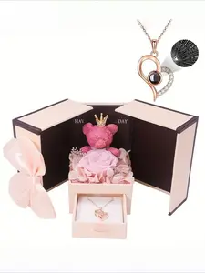 Elegant Rose Bear Flower Gift Box with I Love You Projection Pendant, Copper Plated Necklace, Jewelry Gifts, Perfect for Birthdays & Special Occasions