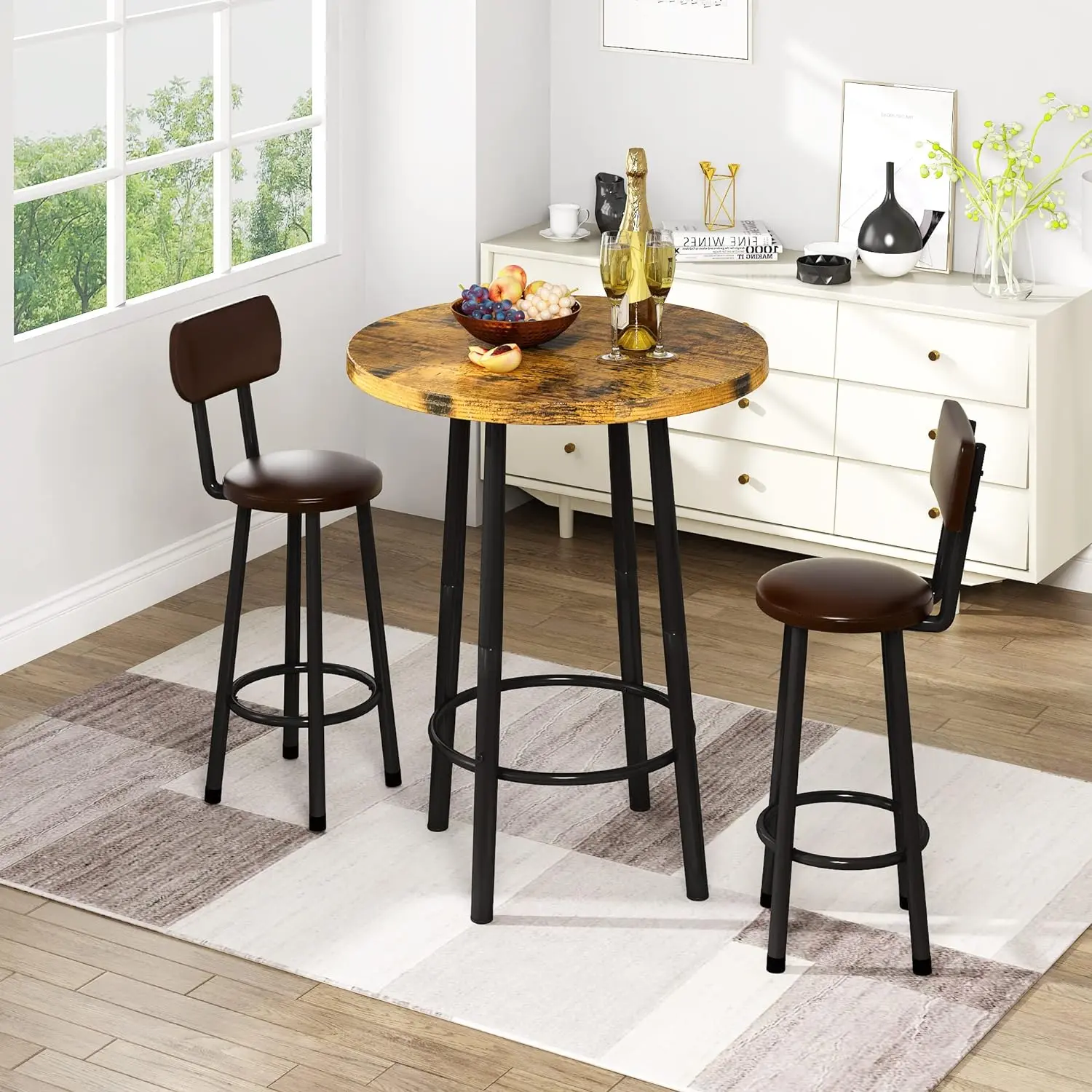 DKLGG 3-Piece Dining Table Set with Chairs - 23.6” Round Pub Table, 23.62x36.4” Wood Top, Modern Rustic Brown Indoor Home Bar Bistro Set, 250lbs Capacity, Easy to Assemble