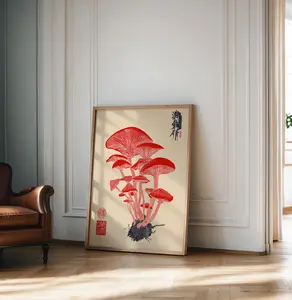 [SALE UP TO 40%][Unframe] Vintage Botanical Mushroom Art Print, Japanese Inspired Wall Art, Cottagecore Decor, Dark Academia, Vintage Neutral Botanical Print