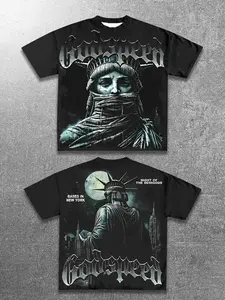 Godspeed Statue of Liberty Graphic T-Shirt, Gothic Dark Streetwear Tee, New York Night Illustration, Oversized Vintage Grunge Shirt for Men Women