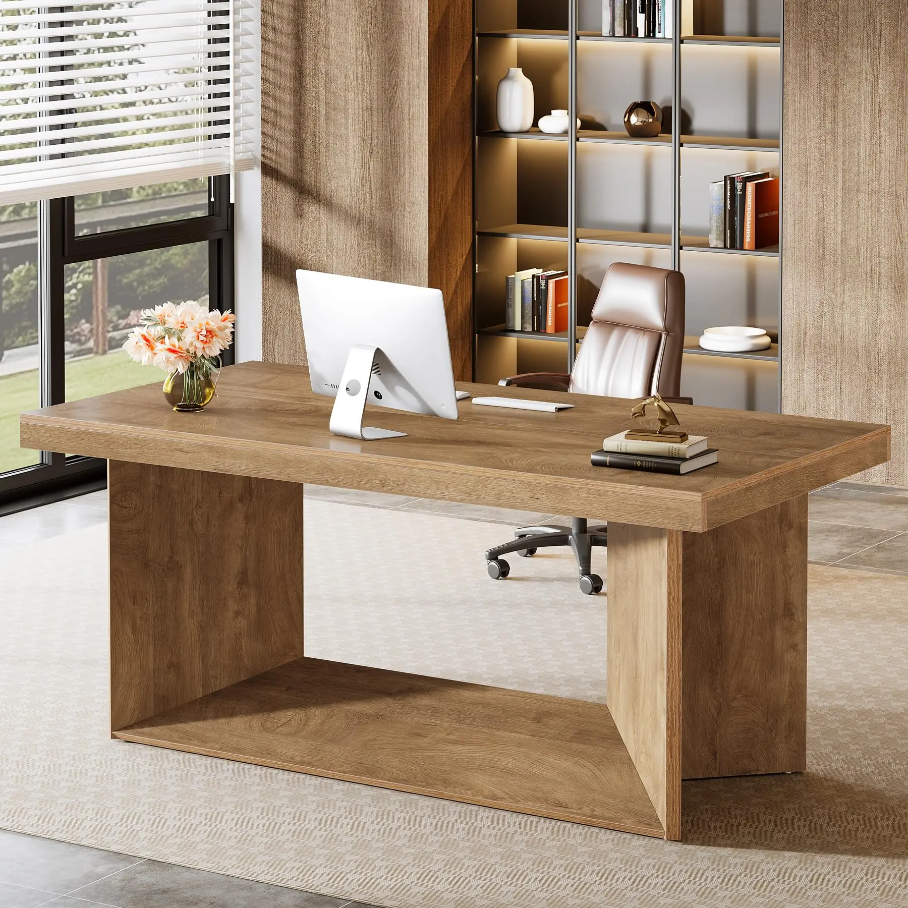 Tribesigns Large Executive Desk for Home Office, Rustic 63-Inch Computer Table with Heavy Duty Pedestal