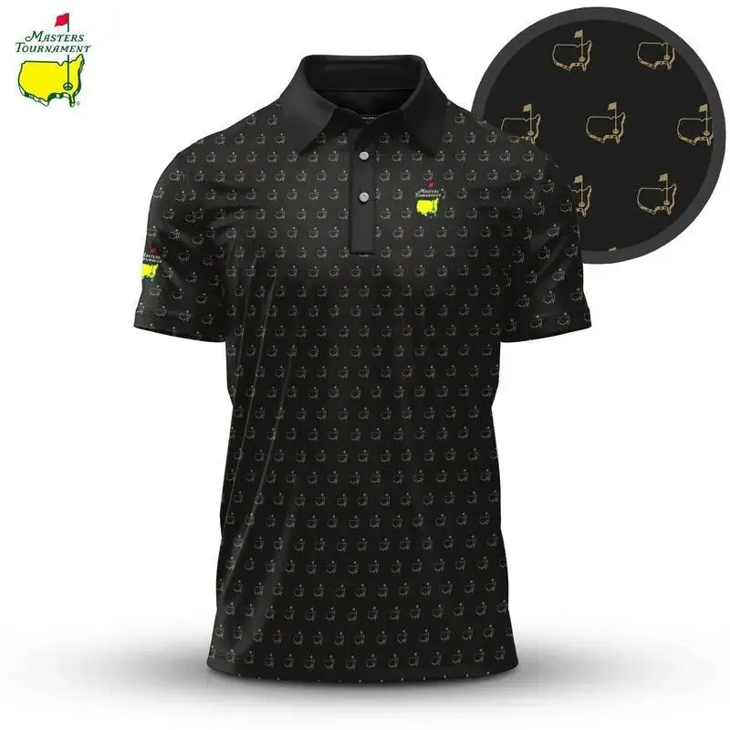 Classic Black Masters Print Polo 2026 Performance Golf Polo Shirt Breathable Athletic Golf Shirt for Men