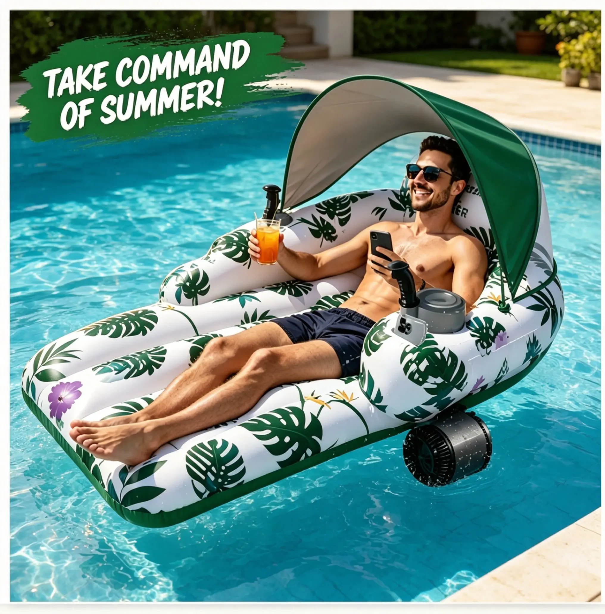 Luxury Electric Pool Float with Dual Motors, SPF 50+ Shade, Cup Holder, Phone Storage, Rechargeable Battery, and Thick PVC Construction – Relax, Float, Summer,Swimming pool,beach,father's day
