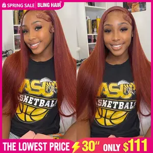 Bling Hair Reddish Brown Straight Lace Front Wig Human Hair 180 Density Copper Brown Ginger Glueless Brazilian Virgin Hair Pre Plucked Natural Hairline for Women