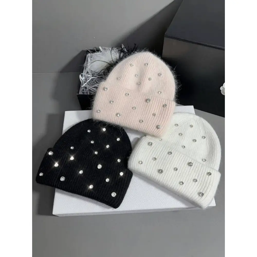 Unisex Faux Fur Beanie - Trendy Thick-Knit Warm Solid-Color Fur Hat with Sparkling Gems, Cute Fluffy Knitted Woven Hat for Fall-Winter Adult Casual Fashion Accessories, Fur Hats
