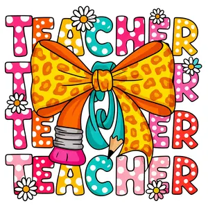 Teacher Bright Colored Stack Leopard Pencil Bow and Flowers Direct To Film Print, DTF Print, Ready To Press Print For T-Shirts